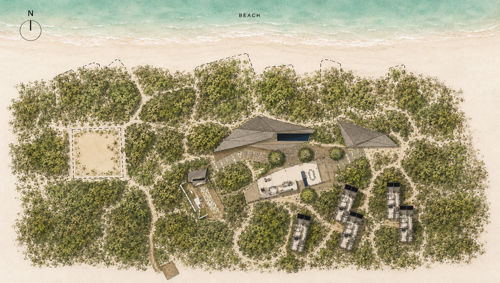 Site plan — main house and six chalets threaded through the coastal forest, beach to the north